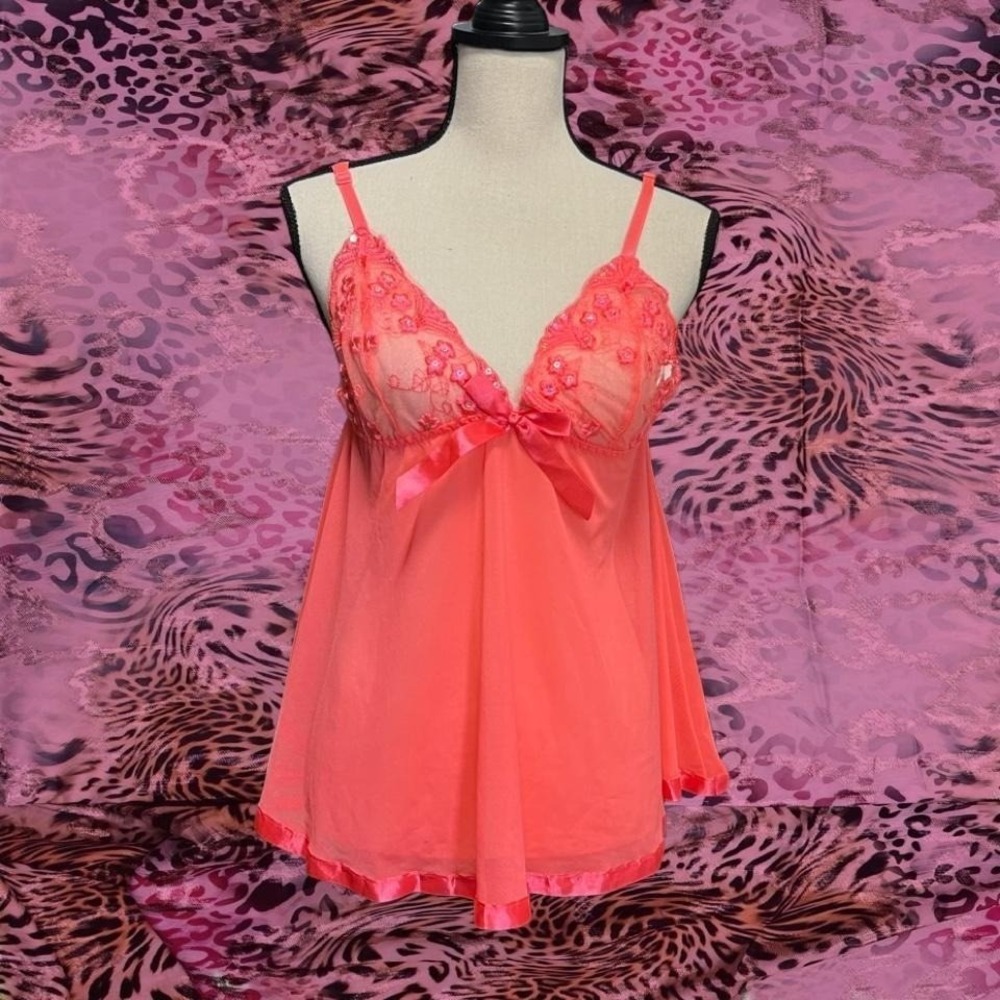 Babydoll coral lingerie top Small coquette lace floral bimbo mcbling layering